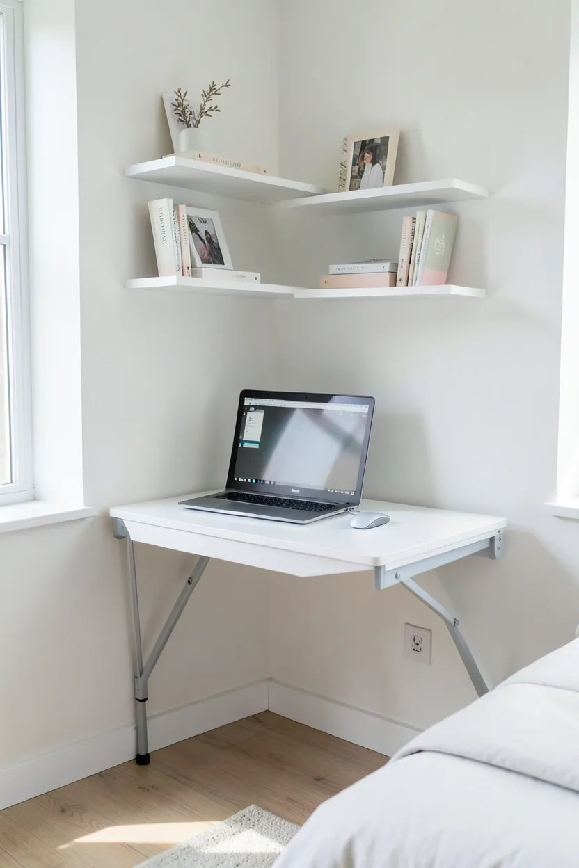 White wall-mounted fold-down desk in a small bedroom folded up flush against the wall, reclaiming floor space