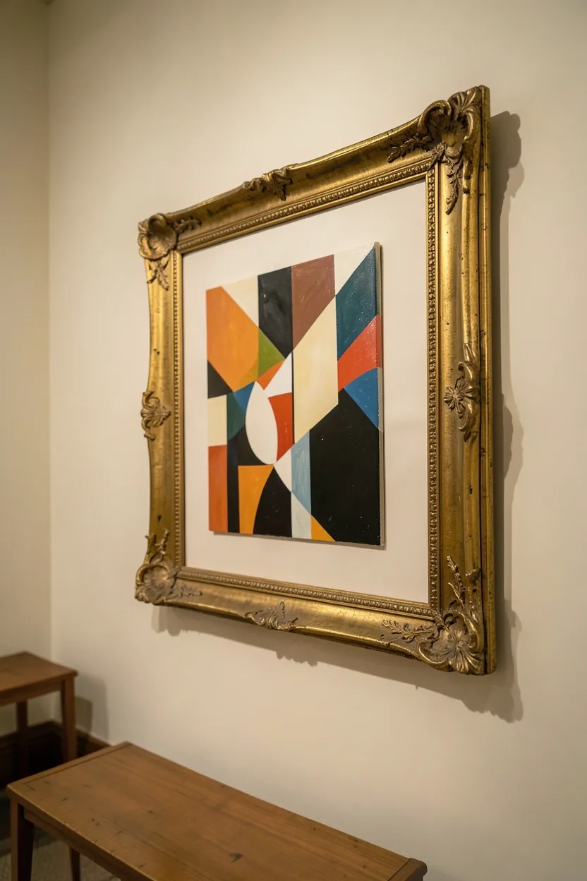 Abstract modern art print in an ornate gold-leaf vintage frame on a cream wall in a modern vintage living room