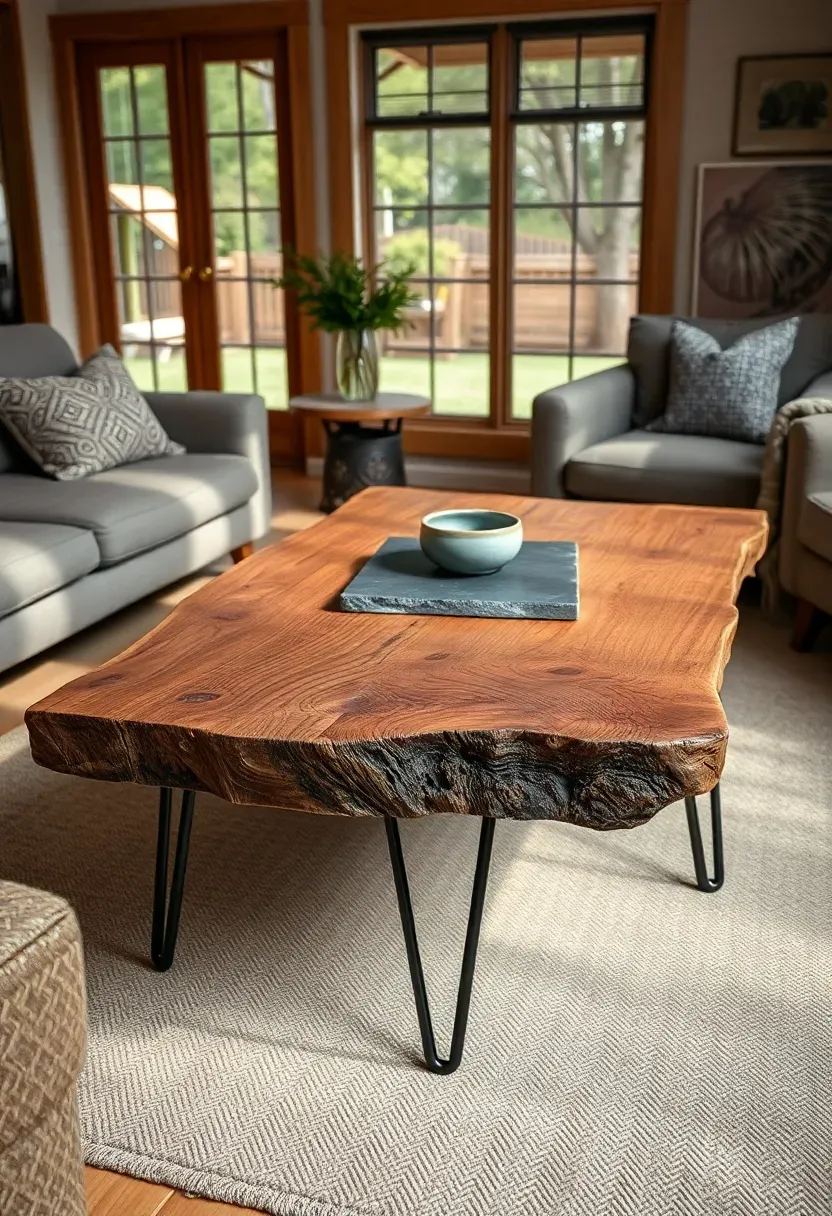 Rustic reclaimed wood coffee table with visible grain and natural edges in a cozy sunroom surrounded by upholstered seating and soft textiles