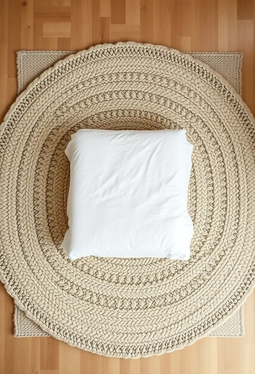 Hyper-realistic top-down angled view of a textured neutral rug covering bedroom floor around bed. Materials: chunky woven wool rug in warm cream with visible nubby texture and natural variations, light oak floor visible at edges, white platform bed centered on rug. Soft diffused light highlighting rug's texture and subtle color variations. Clean edges of rug creating defined zone around bed. Natural material warmth with minimal color. Sharp details on fiber weave foreground.</p>