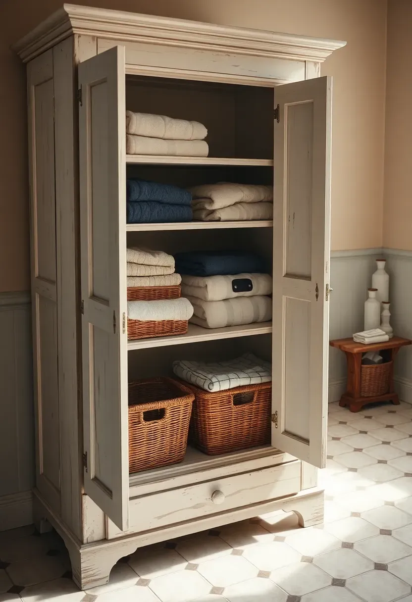 Tall freestanding wooden armoire used as a linen closet in a bathroom with visible towels and baskets