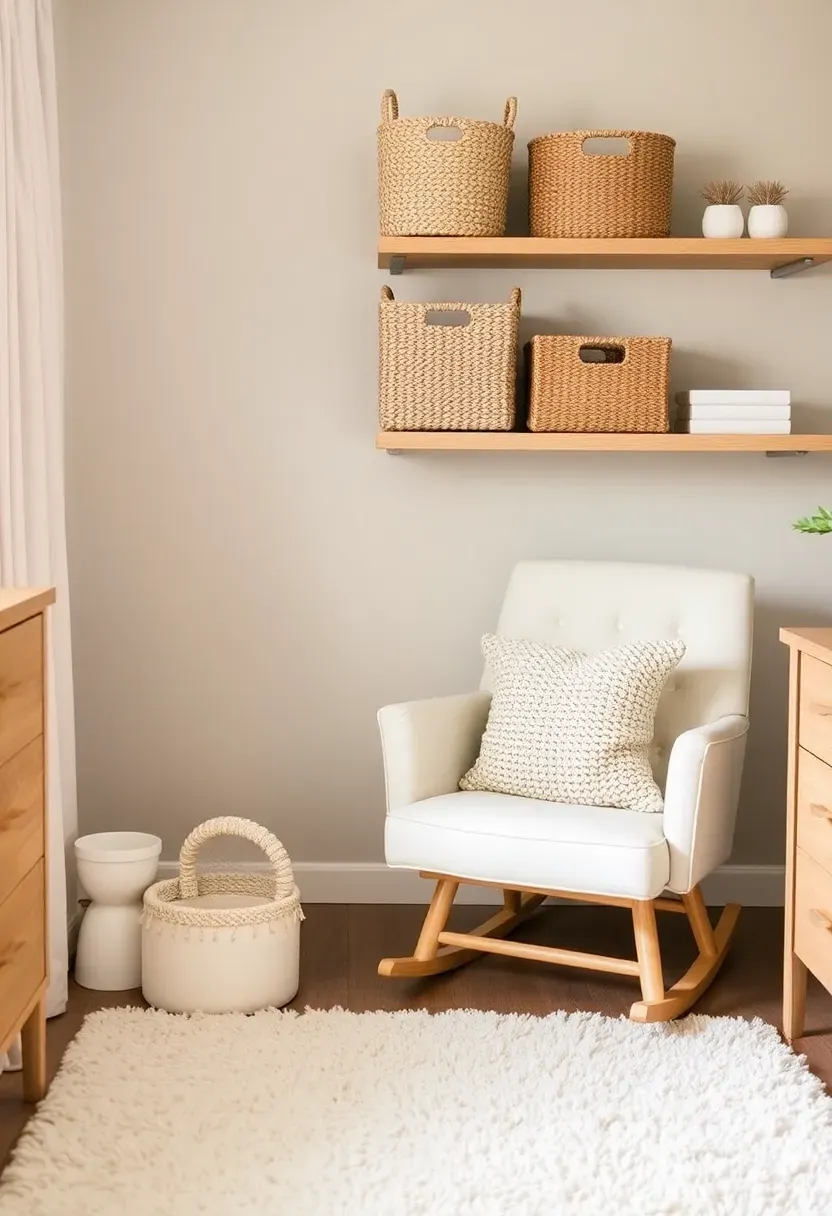 Neutral tone nursery corner with woven seagrass baskets and cream textiles