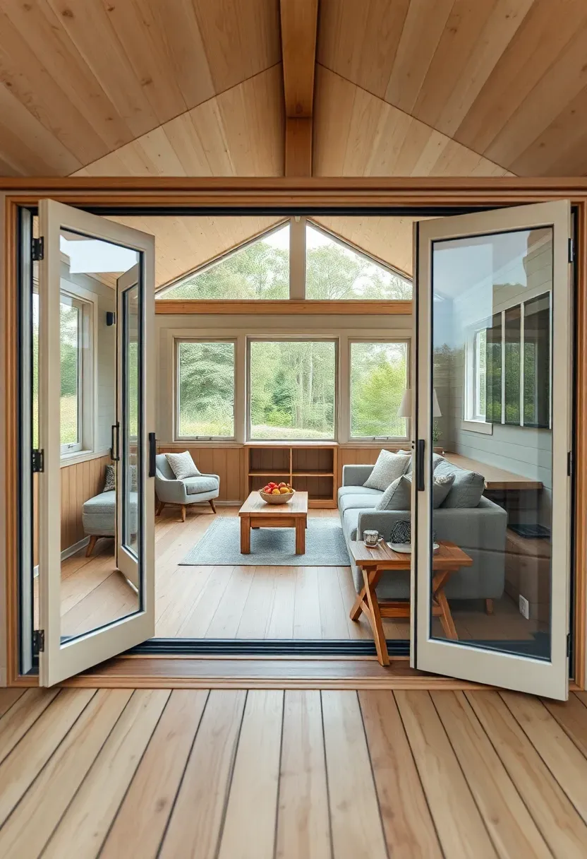 Hyper-realistic 3/4 view of a tiny house with folding glass doors open to wooden deck, outdoor seating area, interior visible. Materials: cedar decking, white oak interior floor, linen indoor sofa, teak outdoor furniture. Warm diffused light, creamy neutrals with natural wood tones. Mood: expanded, connected, airy. Shallow depth of field, sharp details, balanced composition, soft shadows, visible room context. No text, no logos, no watermarks.</p>