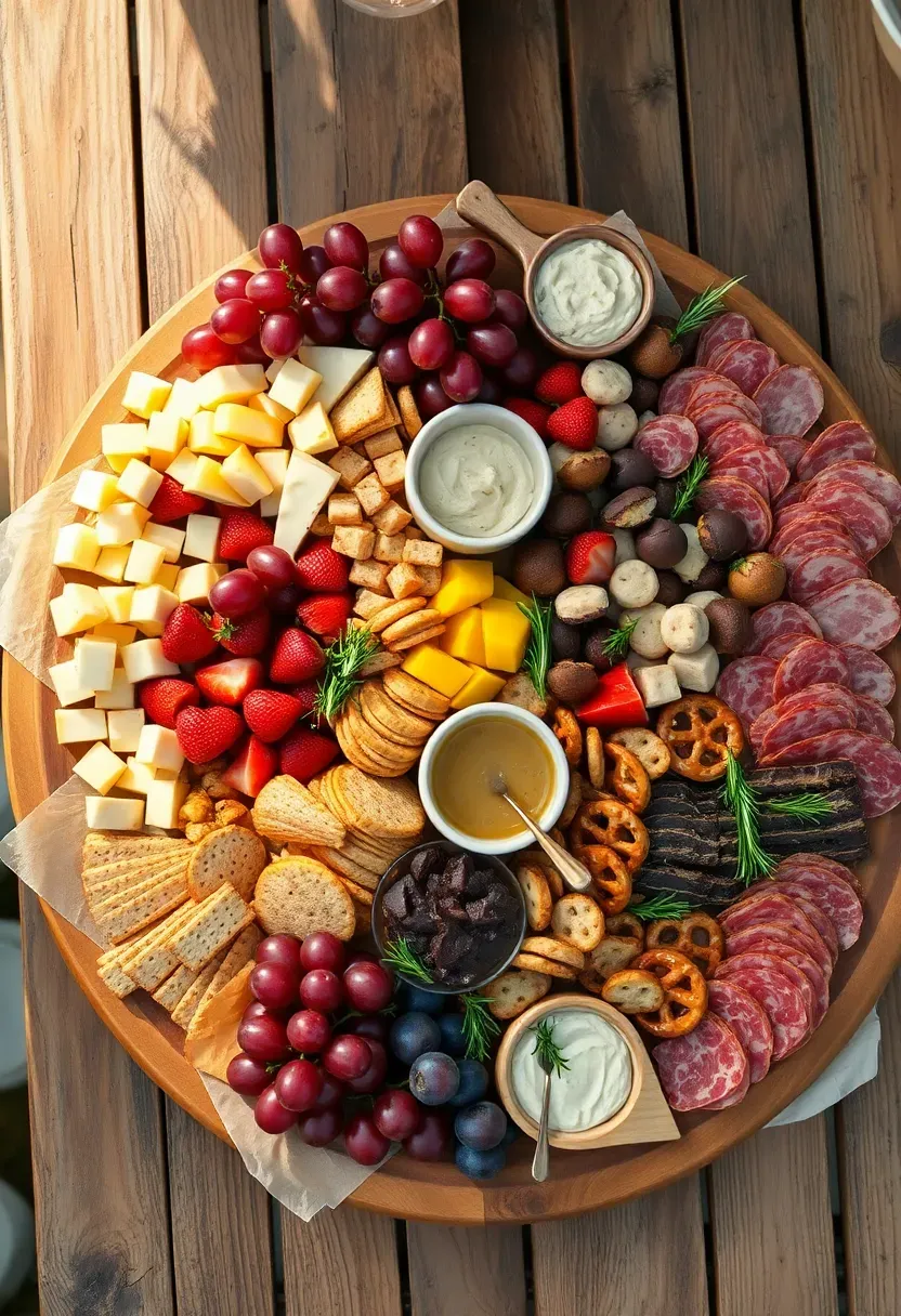 Large grazing board covered with fruits, cheeses, crackers, dips, and cured meats on a wooden table at an outdoor sweet 16 celebration