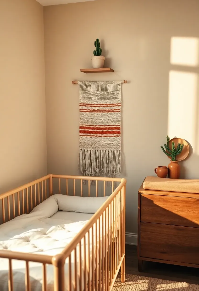 desert cactus boy nursery with warm sand walls small potted cacti and woven textile accents