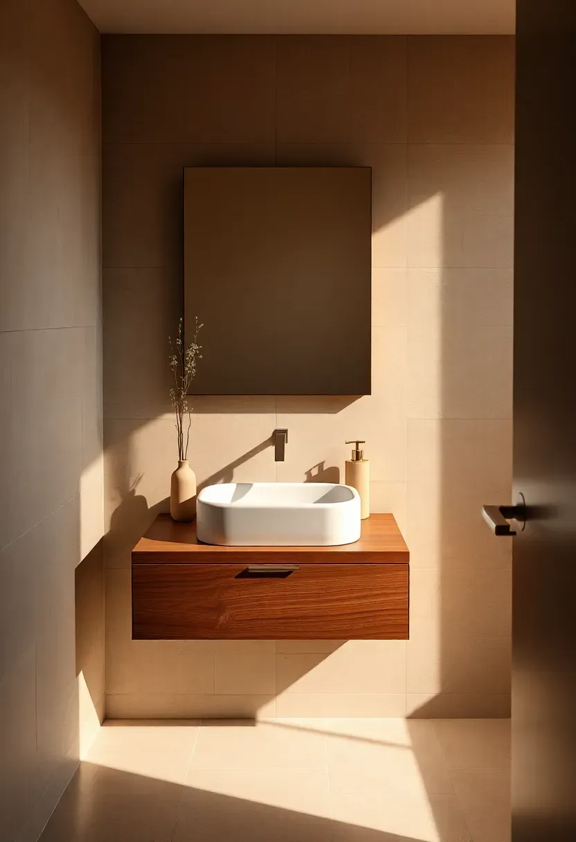 Floating walnut vanity with integrated white resin sink in a modern powder room design — contemporary guest bathroom with wood grain detail