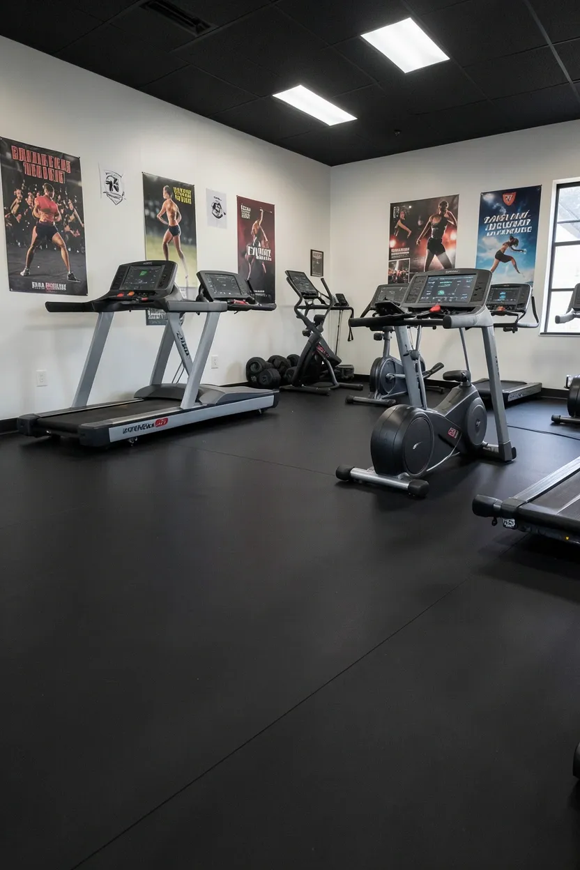 Seamless rolled rubber flooring in a spacious home gym with treadmill and weight rack