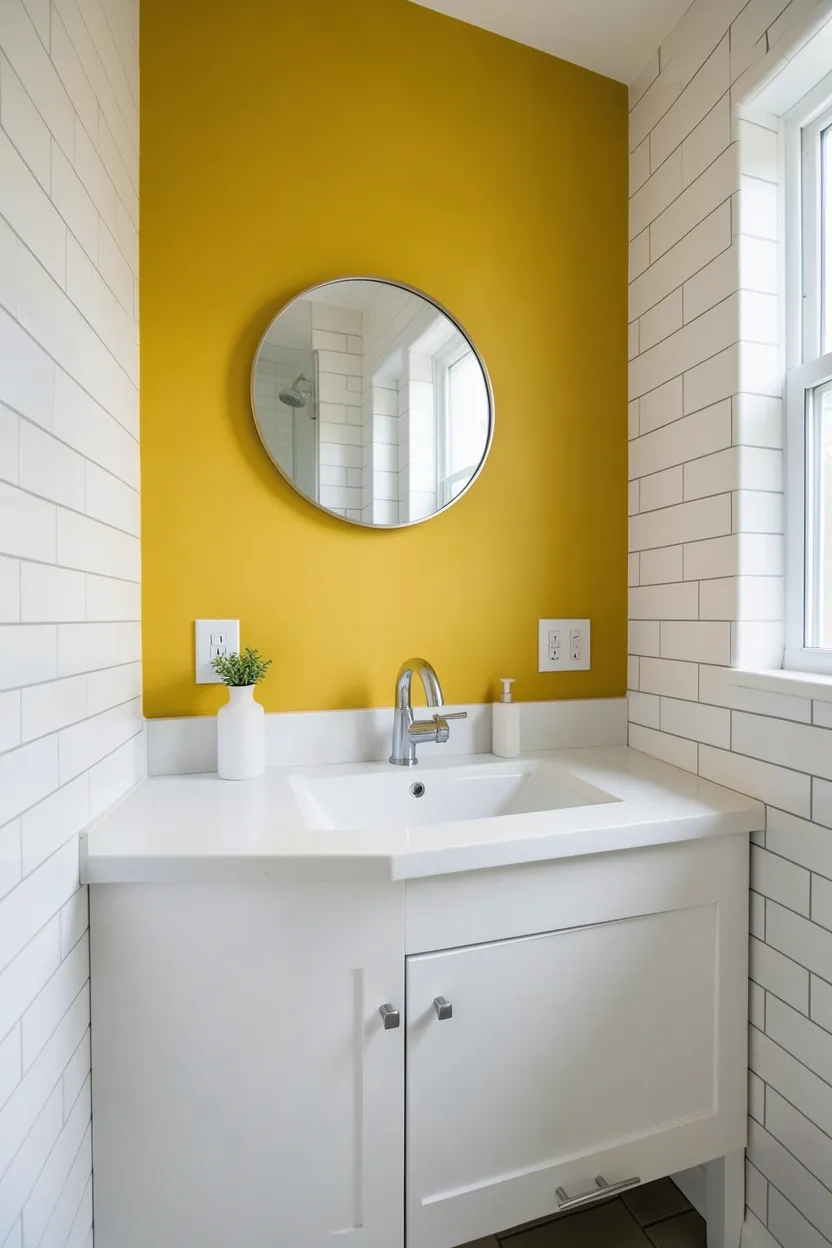 Hyper-realistic eye-level photograph of a modern colorful bathroom featuring mustard yellow painted accent wall behind white vanity with white quartz countertop, white sink, chrome faucet, white subway tile walls on other sides, small round mirror on yellow wall. Natural light. Materials: mustard yellow painted plaster, white wood, white quartz, white ceramic sink, chrome fixtures, white ceramic tiles. Vibrant yellow accent wall. Cheerful warm color. No text, no logos, no watermarks.