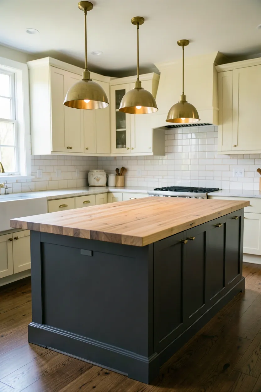 Hyper-realistic wide shot of a fall kitchen with butcher block island. Large rectangular island featuring light oak butcher block countertop with visible wood grain and natural oil finish. Base cabinets in warm charcoal gray. Perimeter cabinets in cream shaker style. White marble countertop on perimeter. Brass hardware on all cabinets. Three brass pendant lights over island. Subway tile backsplash in white with warm grout. Natural light from windows. Clean surfaces. No text, no logos, no watermarks.</p>