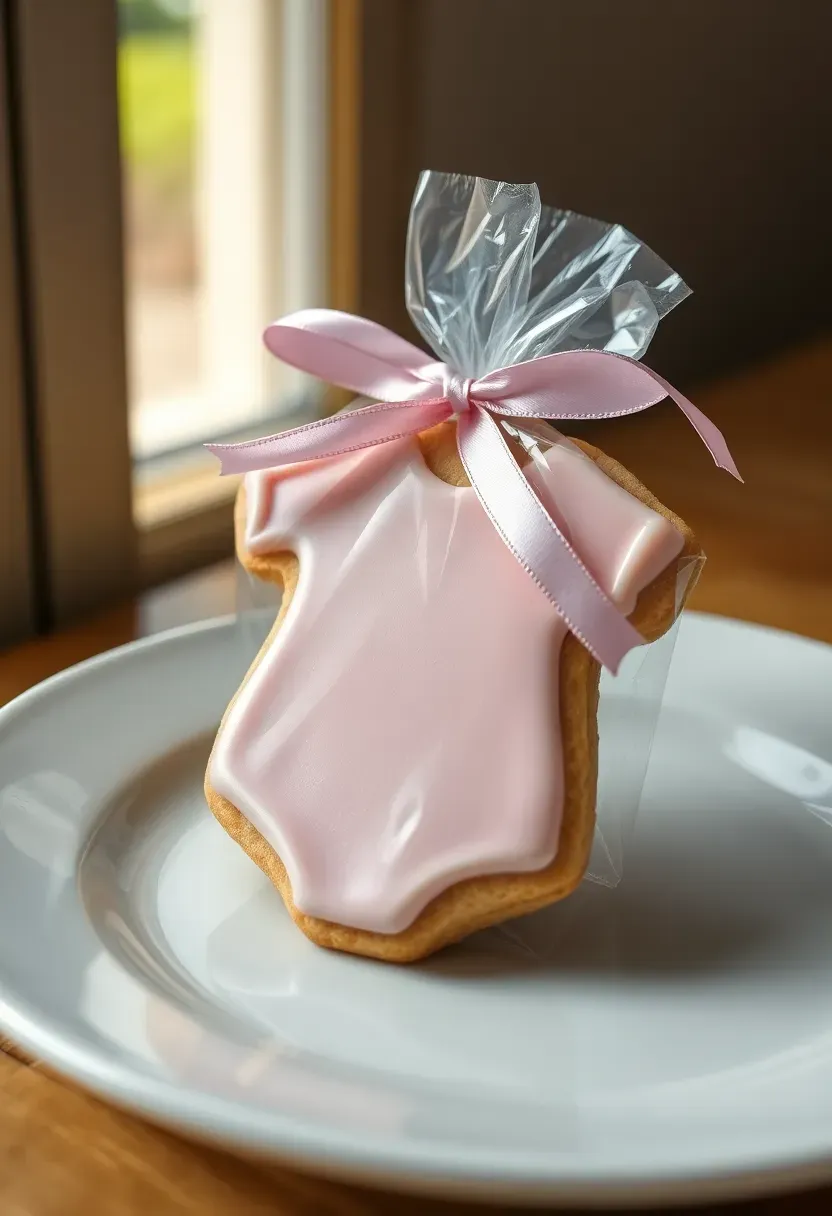 decorated sugar cookie shaped like a baby onesie wrapped in clear cellophane with a pastel ribbon at a baby shower prize display