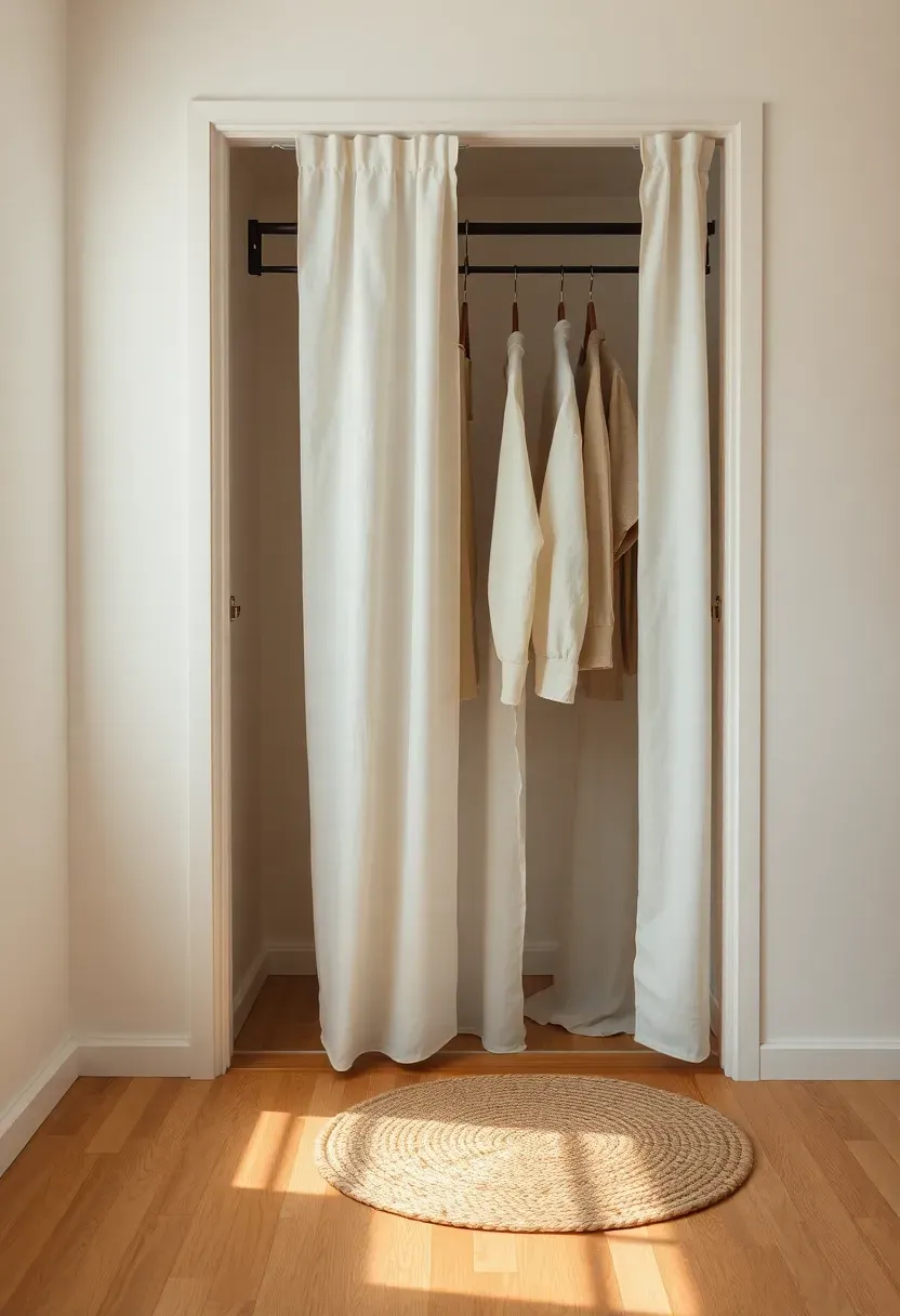 Soft white linen curtain panel covering a bedroom closet opening with warm morning light filtering through