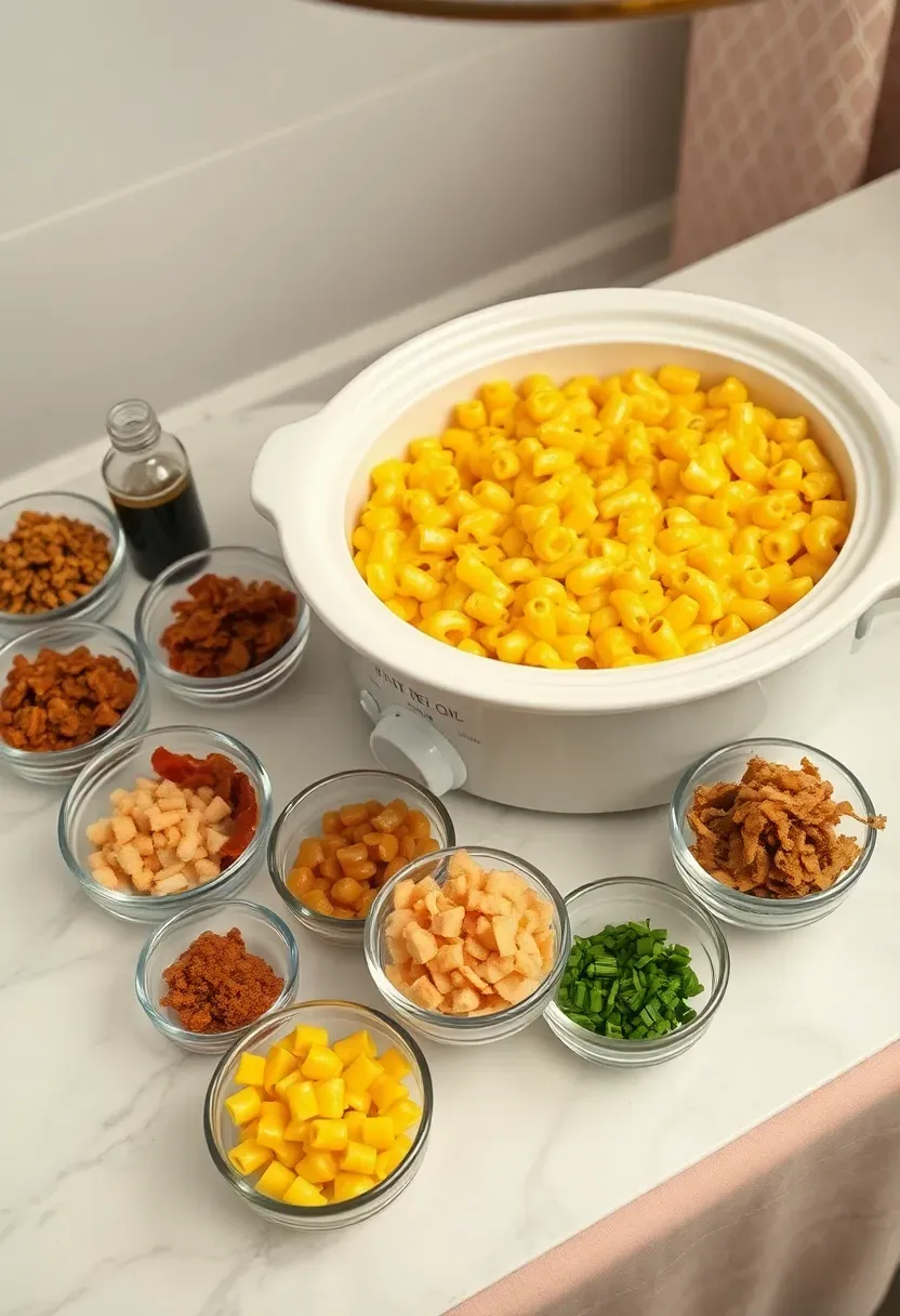 baby shower mac and cheese bar with a large pot of creamy mac and cheese and small bowls of toppings including bacon bits, truffle oil, breadcrumbs, jalapenos, and chives