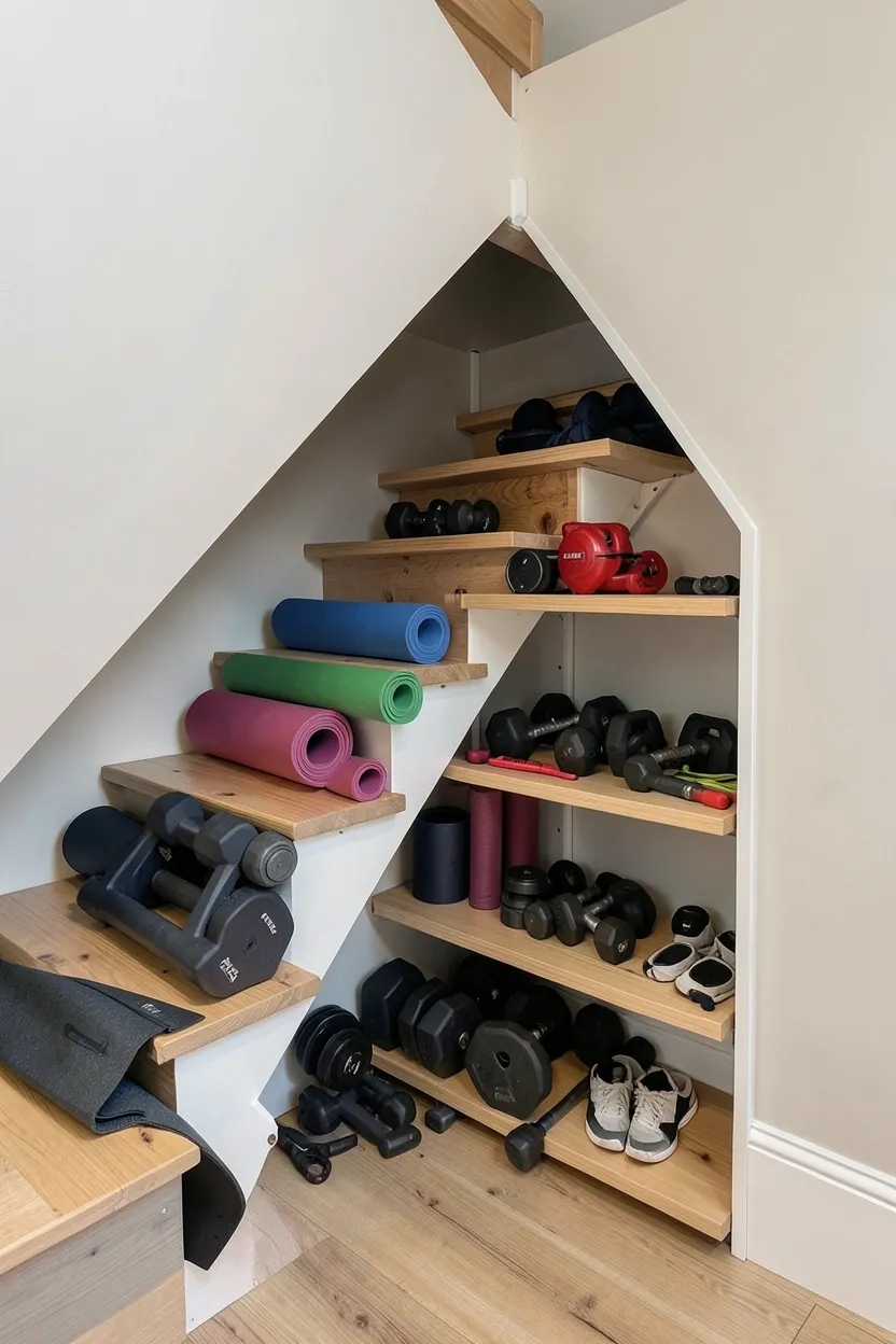 Custom tiered shelving built into under-stairs space holding gym equipment and weight storage in a home workout area