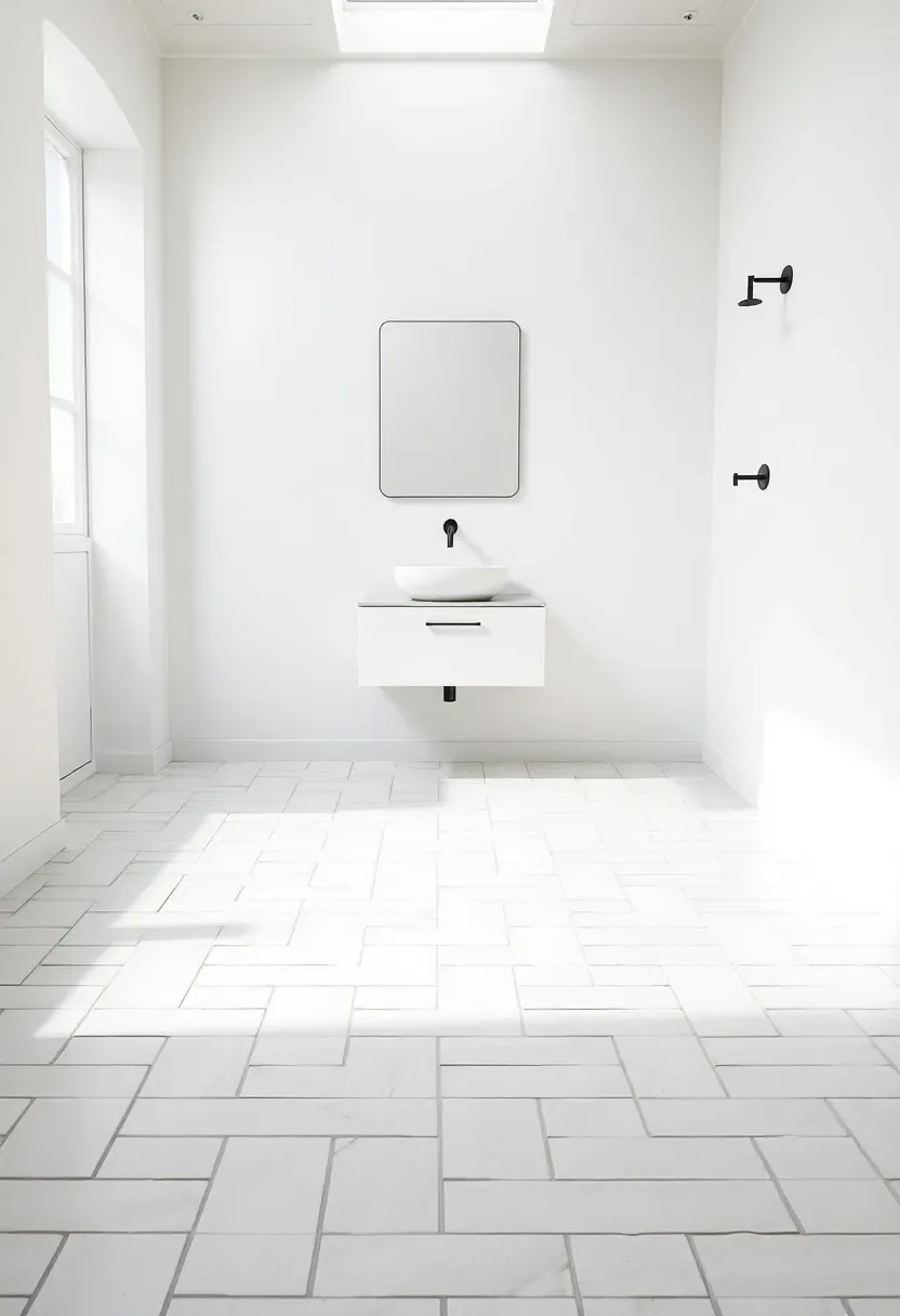 Herringbone pattern ceramic tile bathroom floor in matte white with subtle variation between tiles minimalist bathroom design