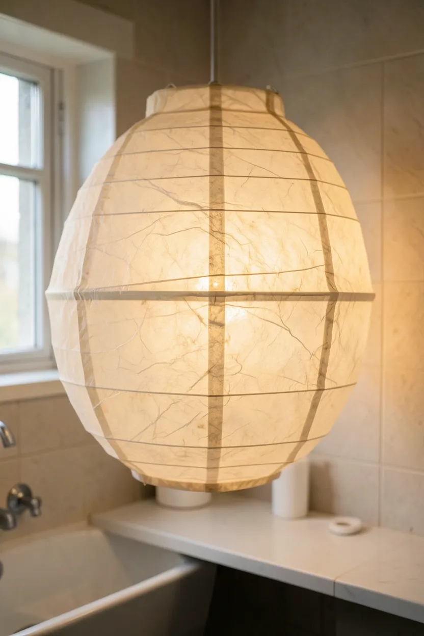 Round rice paper lantern casting warm diffuse light in a minimal wabi-sabi bathroom with natural wood accents