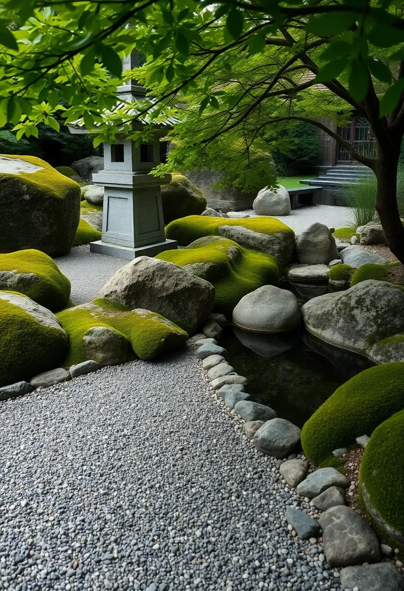 Japanese-inspired backyard stroll garden with a winding gravel path through moss-covered rocks and a stone lantern near a small pond with maple trees overhead