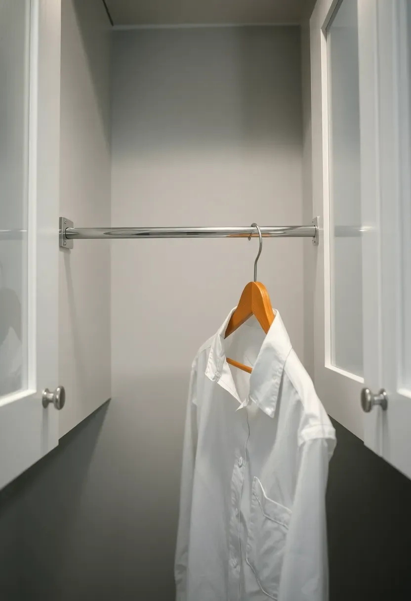 Hyper-realistic close detail view of chrome pull-out rod extended between white shaker cabinets, wooden hanger with white button-down shirt, cabinet interior visible on both sides, brushed nickel cabinet hardware, light gray walls. Materials: chrome metal, painted wood, cotton fabric, brass hardware. Soft overhead lighting, clean shadow detail. Functional modern mood, razor sharp focus on rod mechanism. No text, no logos, no watermarks.</p>