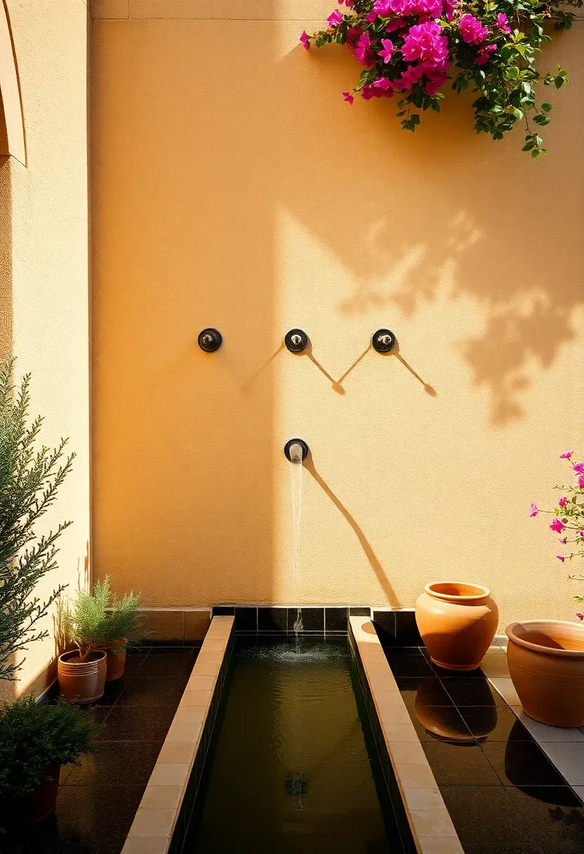 Tall stucco courtyard wall with three horizontal copper scupper spouts pouring arcs of water into a narrow trough pool below with Mediterranean plants