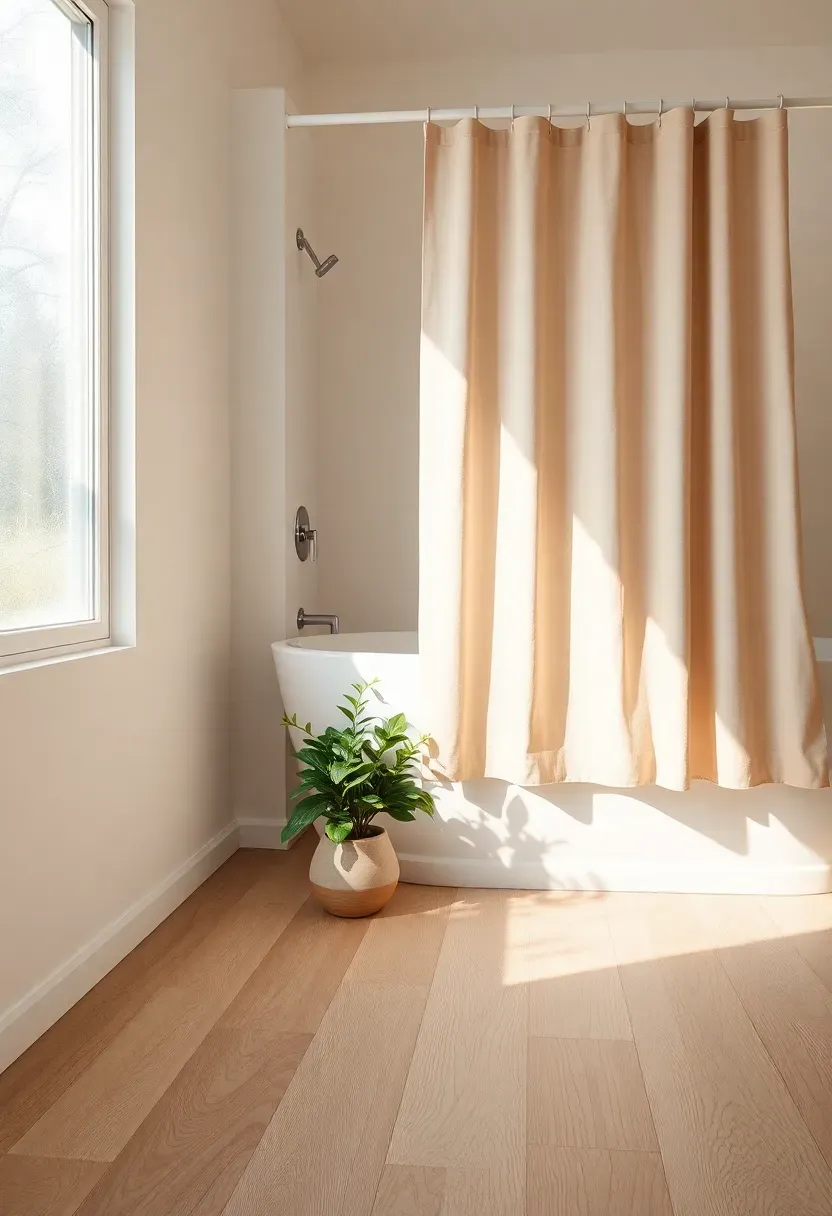 Wood look porcelain plank tiles in warm honey oak color on a bathroom floor with white walls and green plants