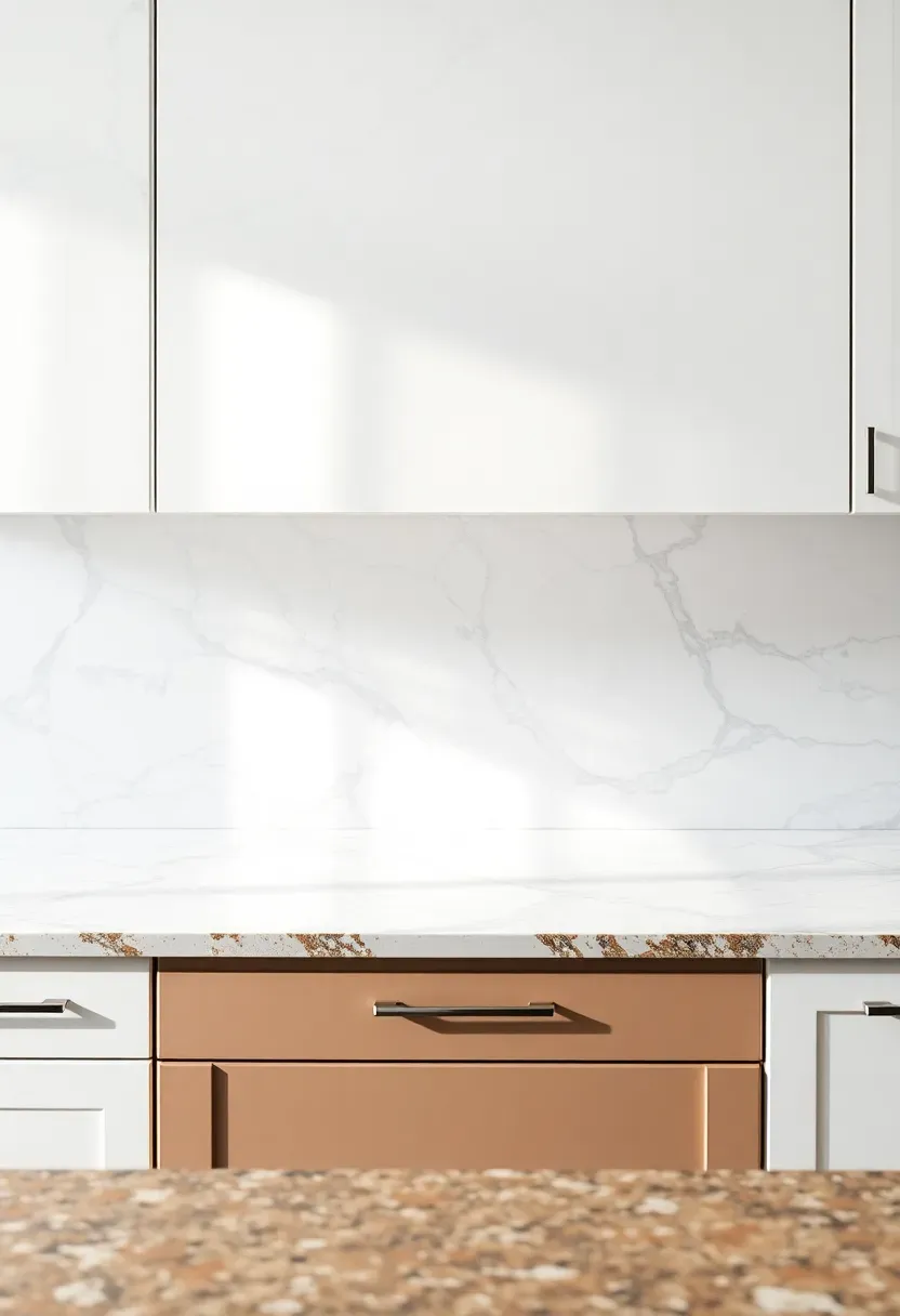 marble slab backsplash running from countertop to ceiling in a kitchen with fantasy brown granite countertop and white cabinets