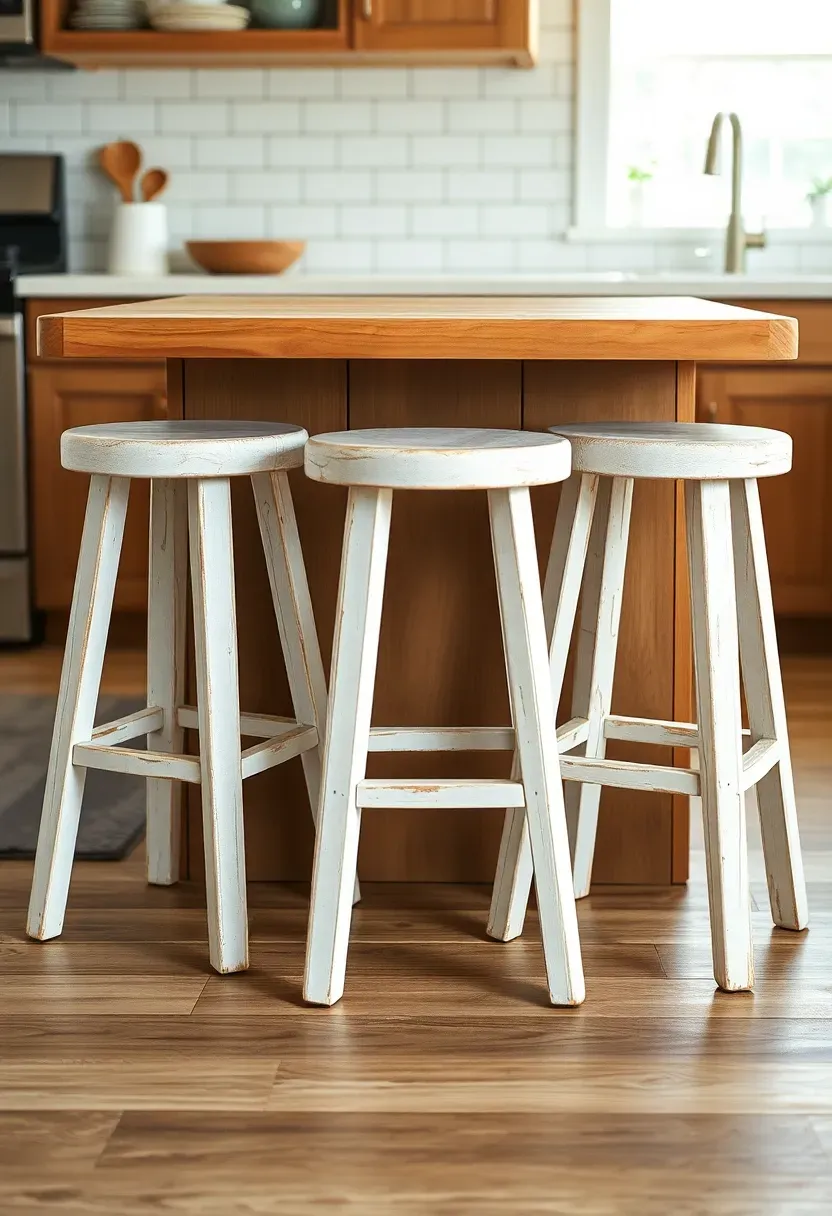 Three whitewashed round wooden farm stools of varying heights arranged around a rustic kitchen island