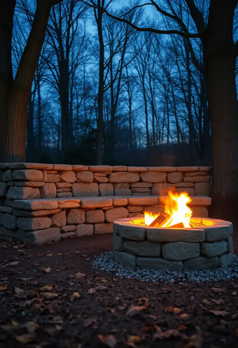 A rustic fieldstone firepit with a curved dry-stack sitting wall in a wooded backyard setting at twilight