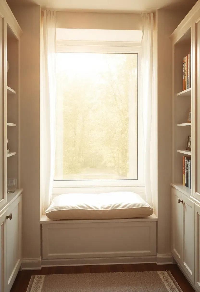 sunlit nursery with window seat built-in storage cushioned bench and sheer curtains