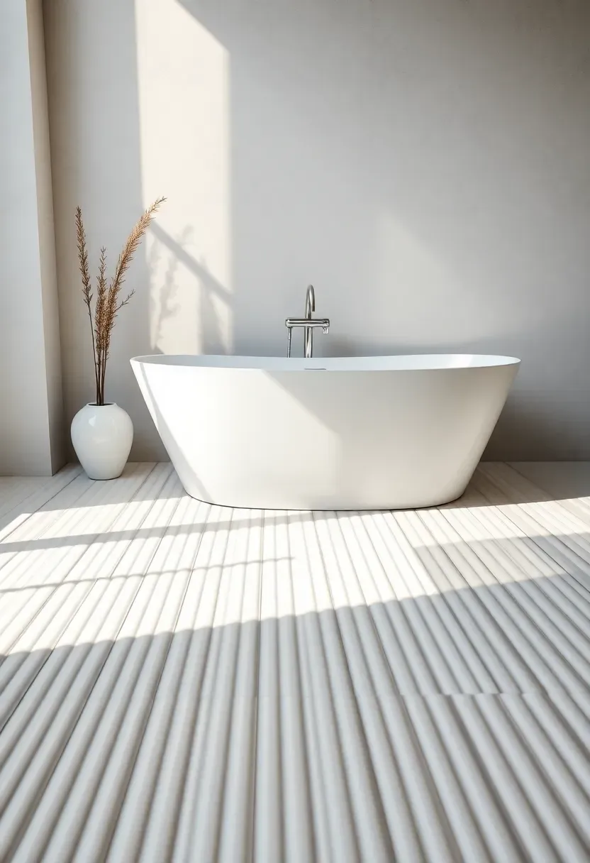 Fluted porcelain floor tile in soft white with vertical ridged texture in a modern spa style bathroom