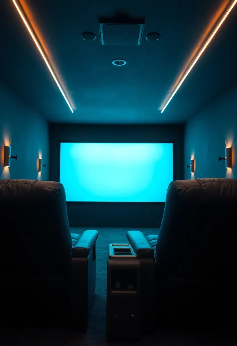 Cozy basement home theater with dark walls, plush reclining seats, and ambient LED lighting behind a large projection screen