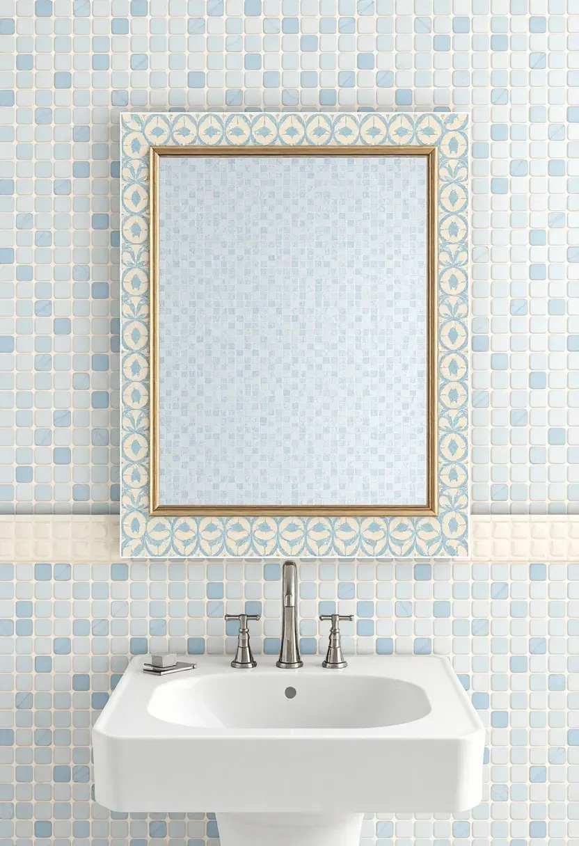 Bathroom mirror set inside a frame of small handmade zellige tiles in cream and pale blue, integrated into the larger backsplash wall