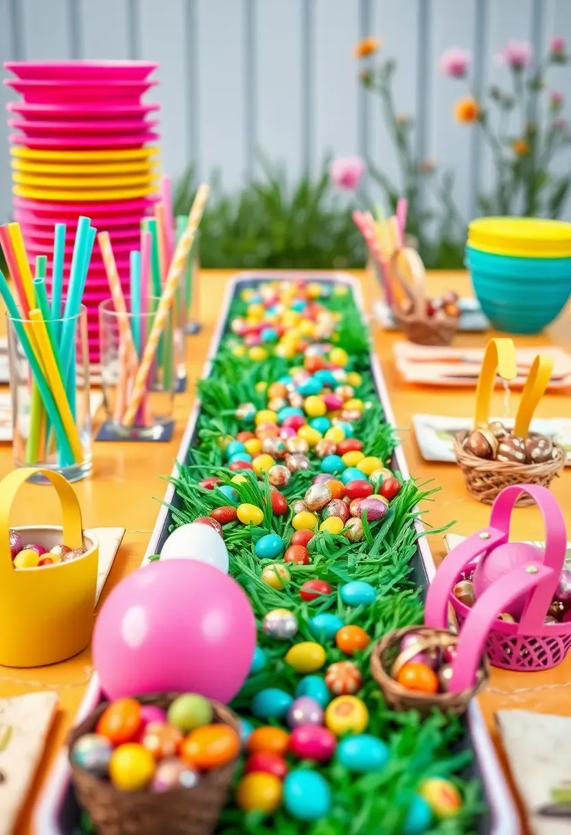 colorful kids Easter table setting with candy bright colors paper decorations and fun plates