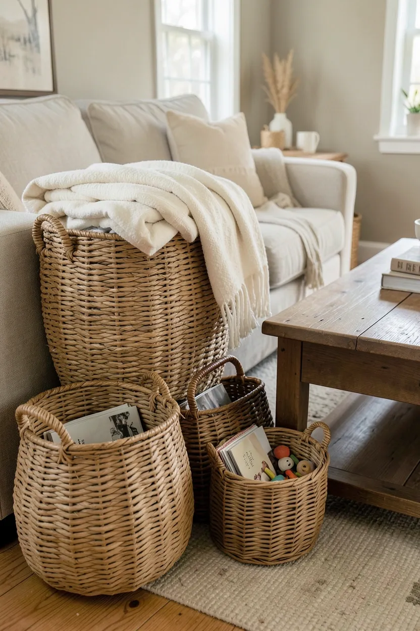 Woven seagrass and rattan baskets holding blankets beside a farmhouse sofa for renter-friendly storage