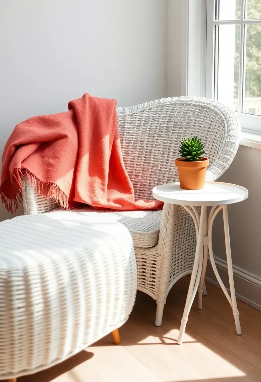 Freshly painted white wicker chair and matching side table in a sunroom corner with a coral throw blanket and a small succulent arrangement