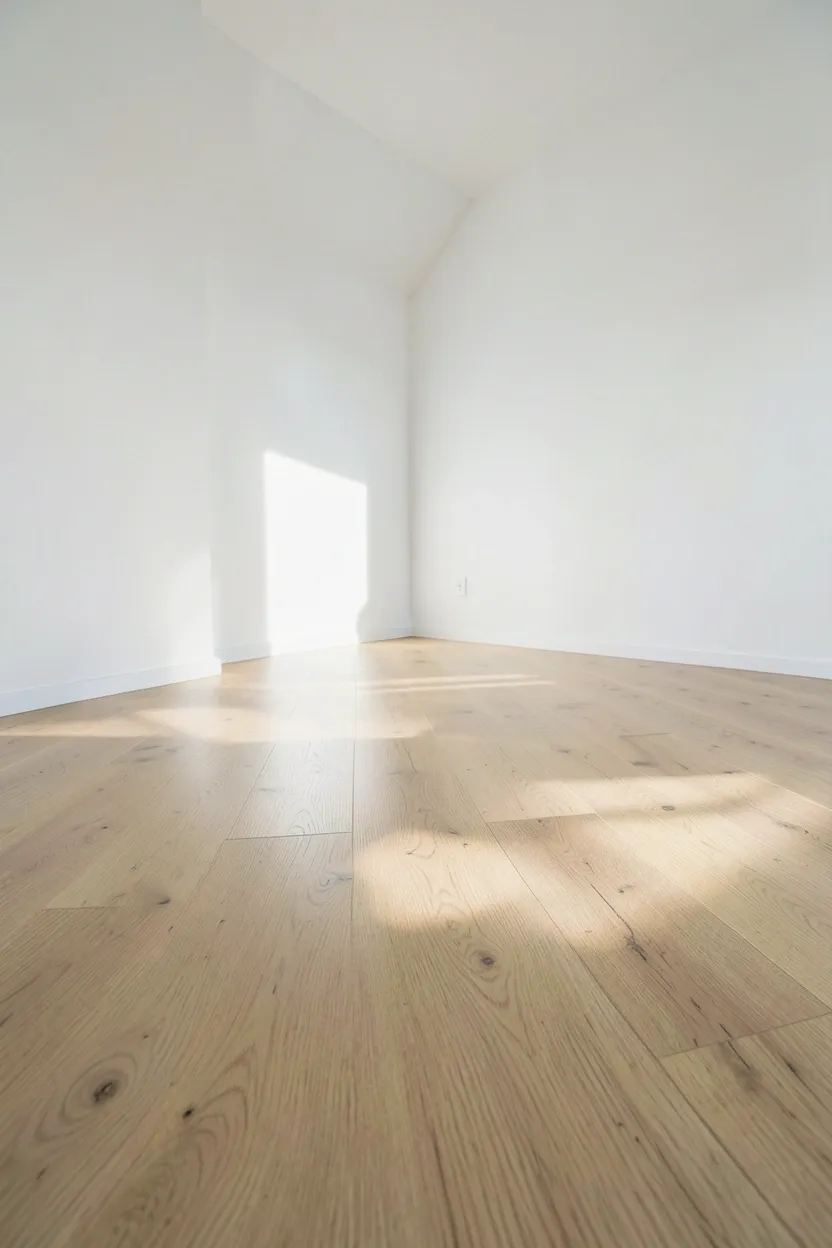 Wide-plank light oak flooring in a minimalist living room with a cream area rug and wooden furniture