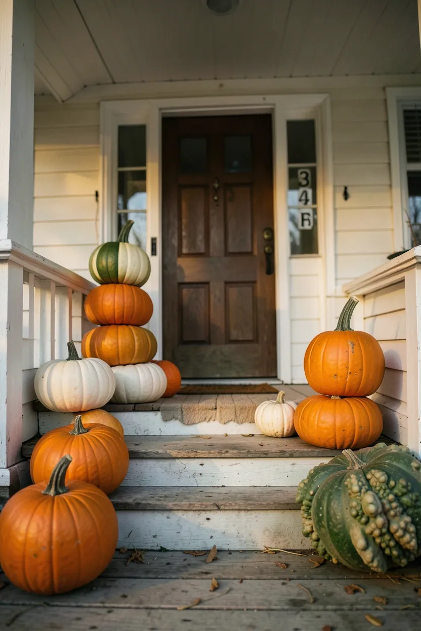 Hyper-realistic slightly elevated perspective of a fall front porch with a tall tower of stacked pumpkins in orange, white, and green. Materials: ribbed pumpkin surfaces, smooth white pumpkin, textured warty gourd, weathered porch floorboards. Diffused afternoon light with warm amber tones, soft shadows casting across the steps. Festive harvest mood. Shallow depth of field, sharp details on pumpkin stems, balanced composition showing front door and house numbers. No text, no logos, no watermarks.</p>
