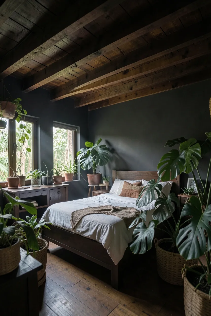 Dark boho bedroom with charcoal four-poster bed draped with sheer curtains, string lights woven through the posts, and layered bedding