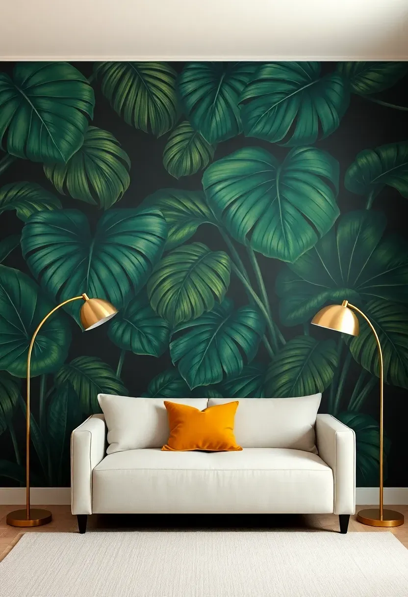 Living room accent wall with a large-scale botanical mural of tropical leaves in deep green and gold tones spanning floor to ceiling