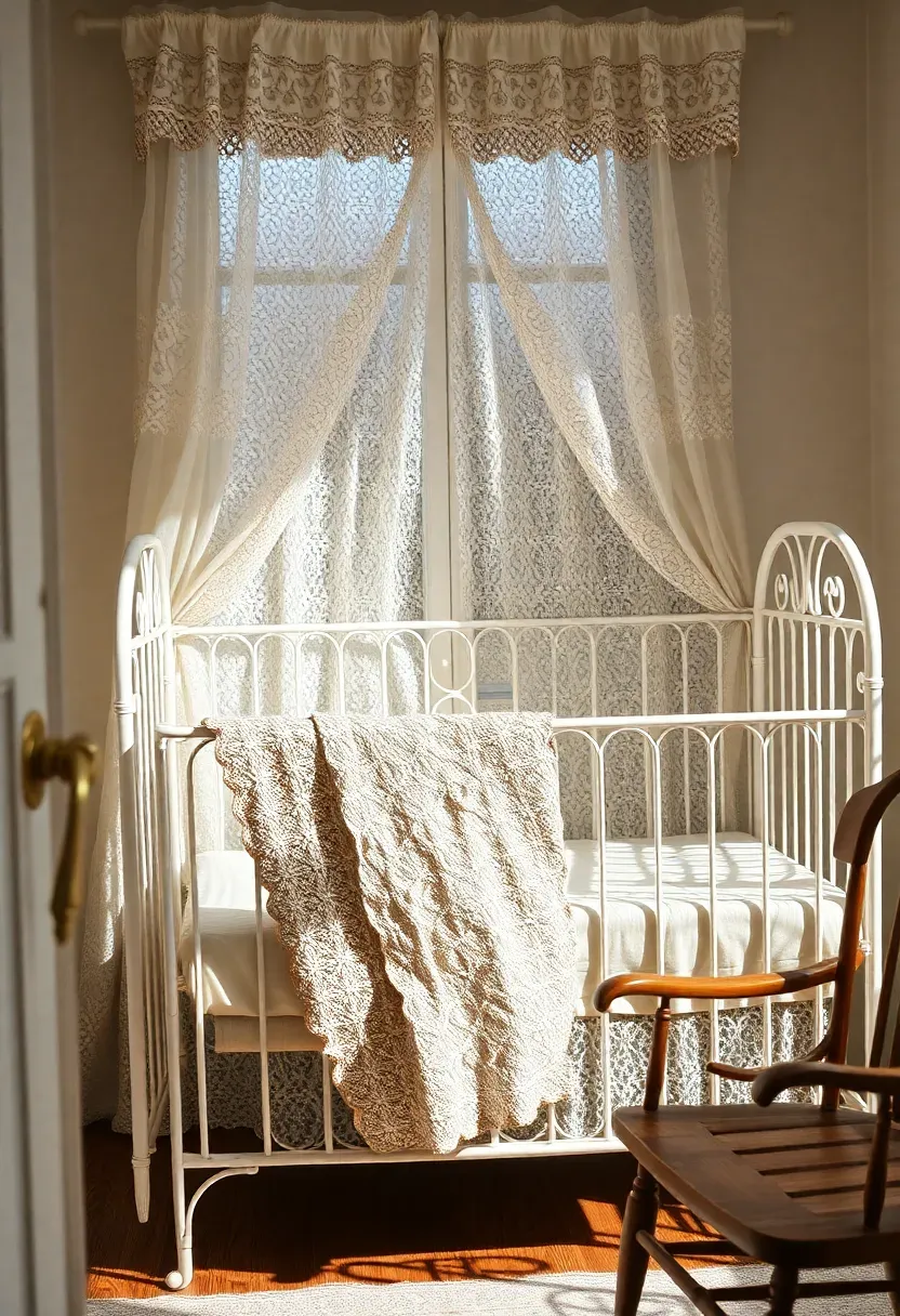 vintage nursery with antique white iron crib lace curtains and heirloom quilt