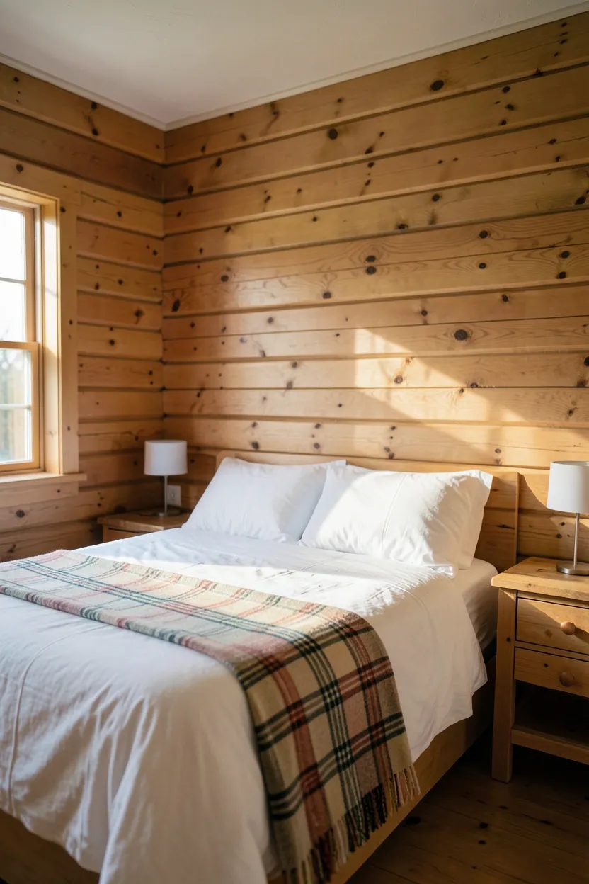 Hyper-realistic eye-level photograph of rustic bedroom with pine plank walls covering all surfaces. Natural wood planks with visible grain and knots, warm brown and tan tones, white bed with plaid throw, two wooden nightstands, morning light from window. Materials: natural pine wood planks, white cotton bedding with plaid throw, pine nightstands. Natural morning light creating wood grain shadows, warm cabin atmosphere. Shallow depth of field, sharp details on plank texture and grain, balanced composition showing walls and room. No text, no logos, no watermarks.</p>