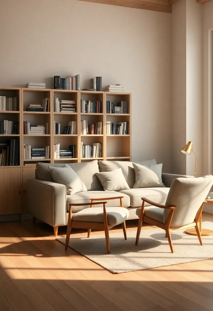 Library wall with a reading nook and desk