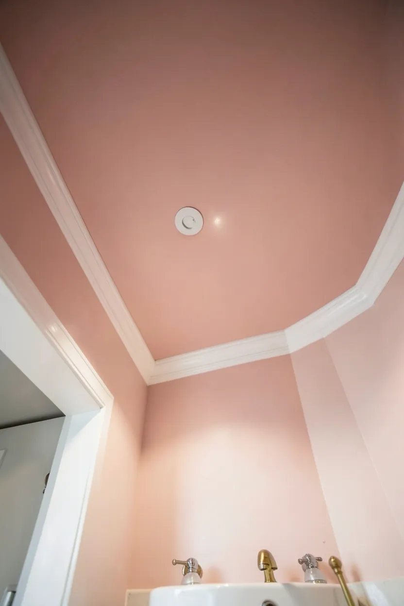 Blush pink painted ceiling above white-walled bathroom adding warmth and unexpected drama to small rental space