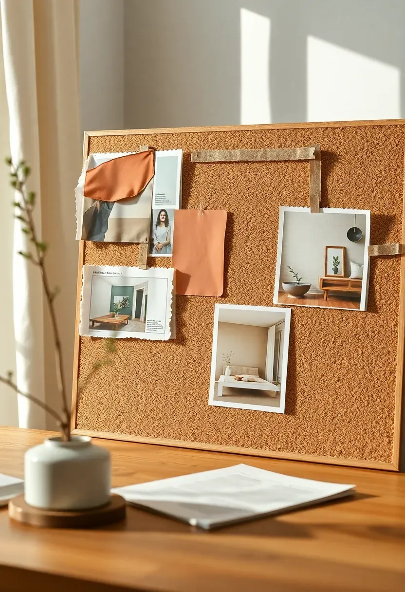 Mood board flat on a table — paint swatches in warm neutrals, torn magazine clippings, fabric swatch in oat linen, and printed room reference photos arranged on a corkboard