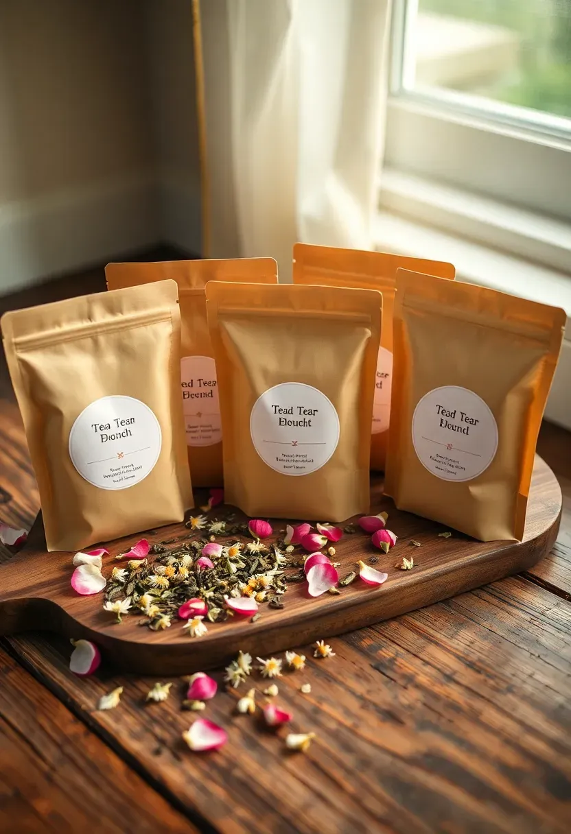 personalized tea blend pouches with custom baby shower stickers on a rustic display