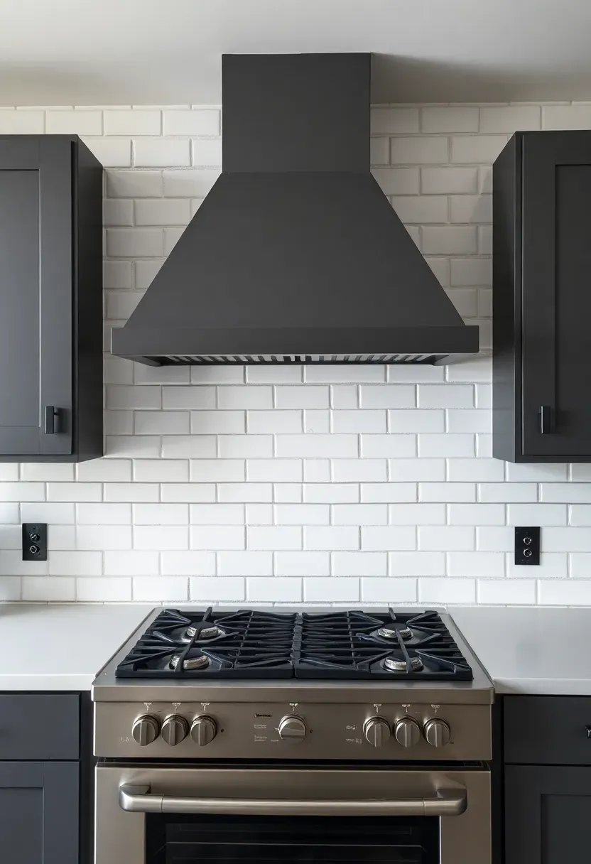 white subway tile backsplash behind stove with dark charcoal grout creating a strong grid pattern and modern kitchen look