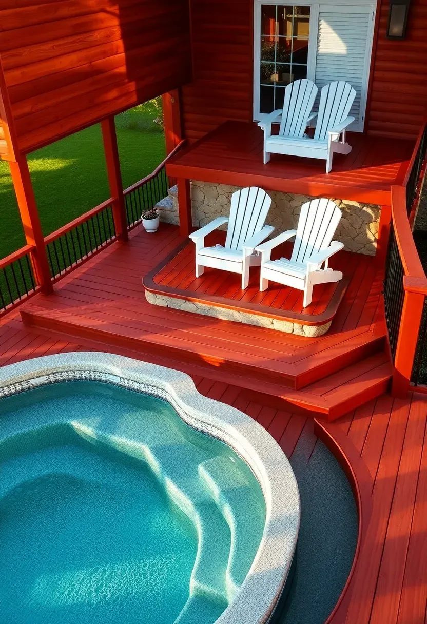 A multi-level redwood deck with the swim spa on the lower tier and Adirondack chairs arranged on the upper viewing platform