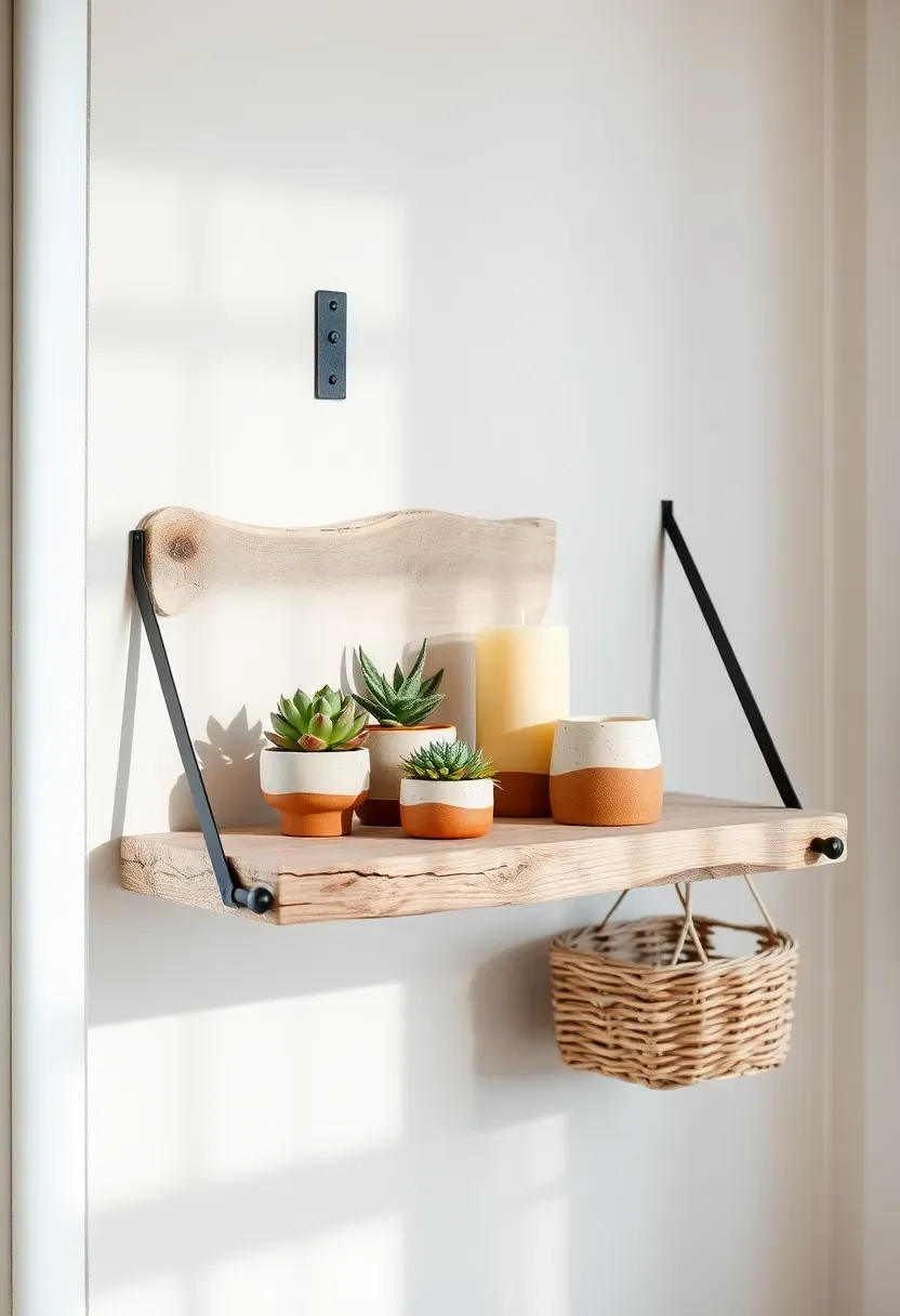 Rustic driftwood shelf mounted on a sunroom wall holding small succulents and candles