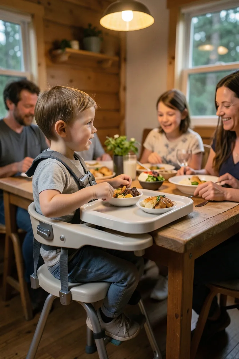 Clip-on portable high chair attached to a compact dining table in a tiny house kitchen, toddler seated with five-point harness and removable tray