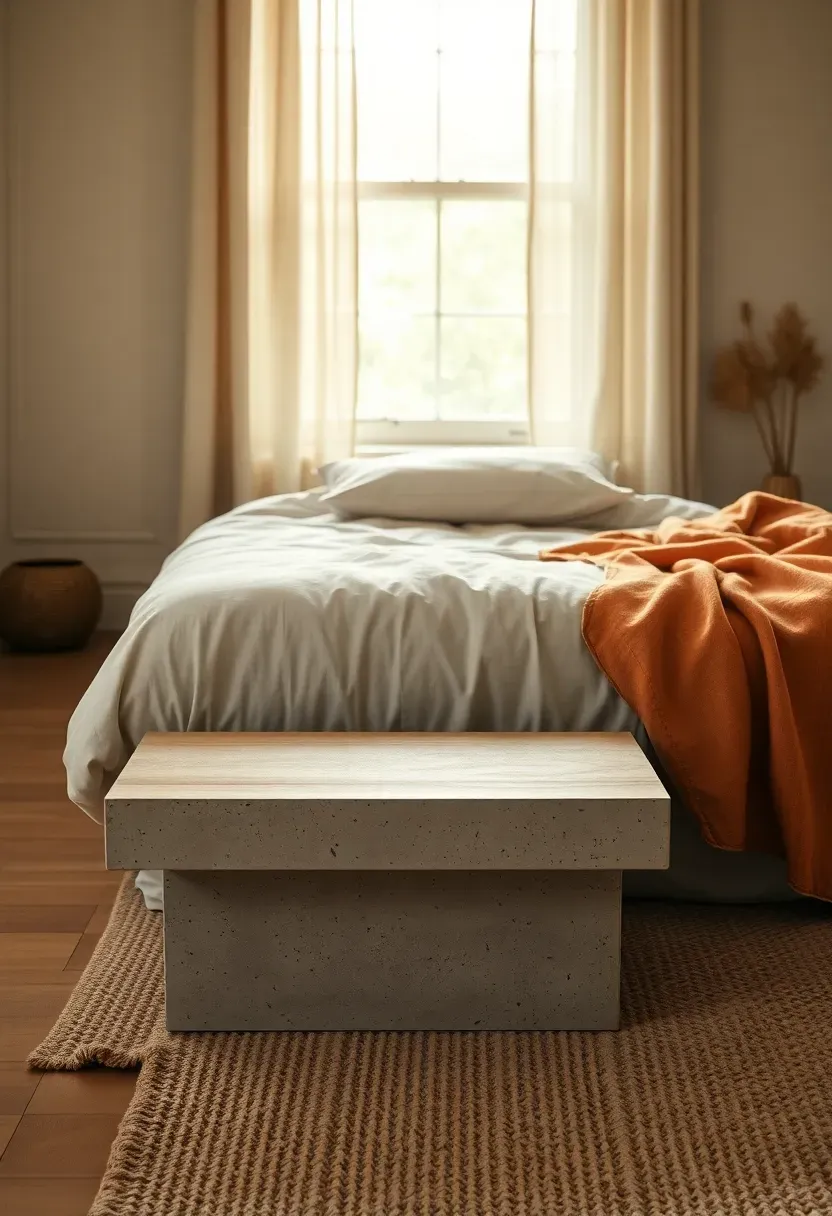 Concrete and wood bench at the foot