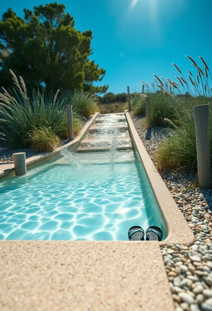 Beach entry pool with gradually sloping sandy-toned finish, coastal grasses, dune plants, and weathered timber accents resembling a shoreline