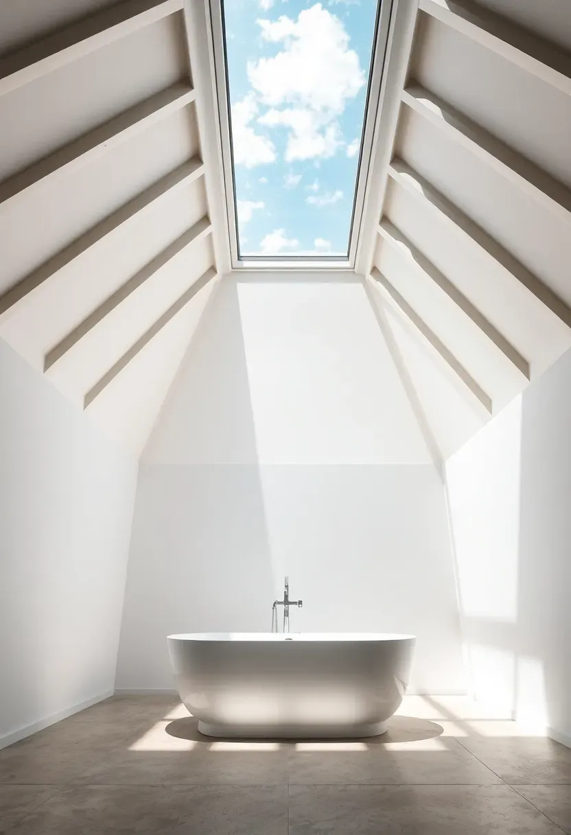 Bathroom with tall vaulted ceiling featuring a large rectangular skylight flooding the room with natural light